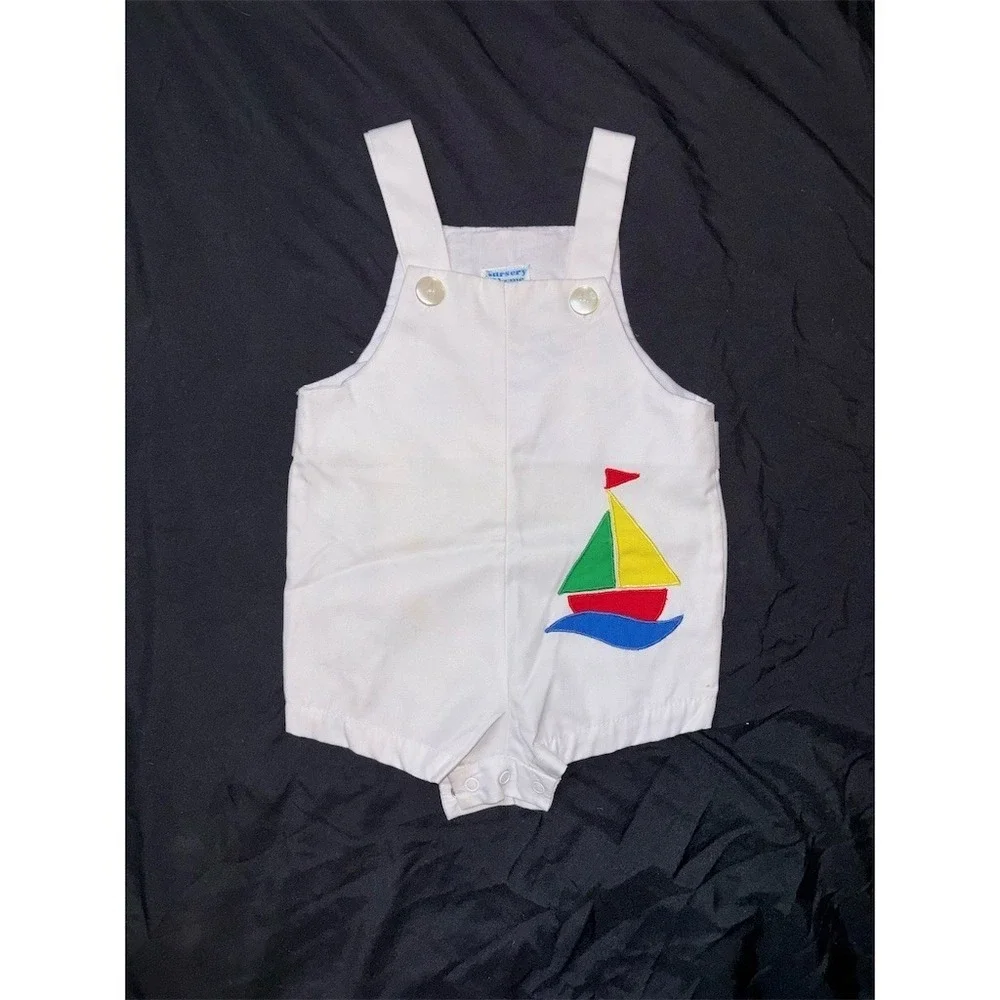 Nursery Time Baby Boys‎ Romper Jon Jon White Sailboat Applique 3-6 nautical Vtg